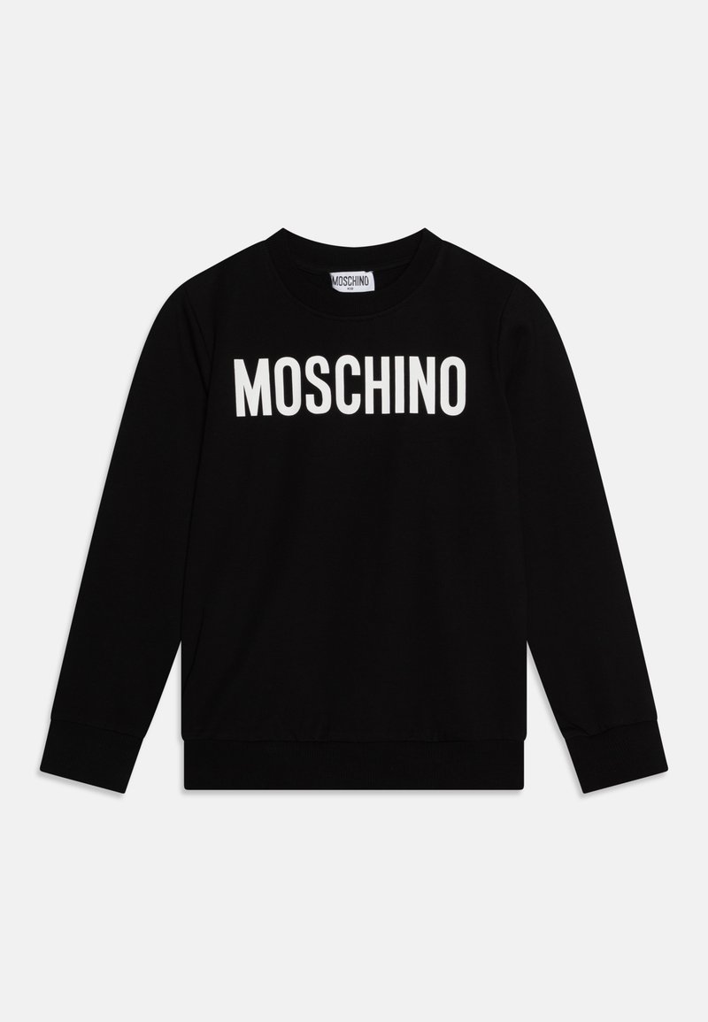 Sweatshirt noir en coton, avec un col rond et des manches longues. Le devant affiche "MOSCHINO" en lettres blanches en gras. Poignets et ourlet côtelés.