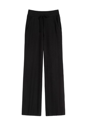 Zwarte wijde pantalon van zachte stof, met een elastische tailleband met trekkoord en twee zijzakken. Geen zichtbare patronen of accenten.