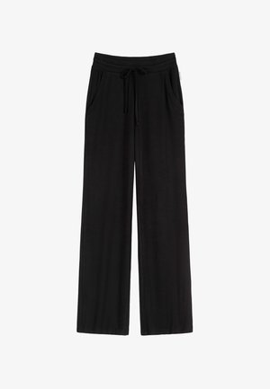 Zwarte wijde pantalon van zachte stof, met een elastische tailleband met trekkoord en twee zijzakken. Geen zichtbare patronen of accenten.