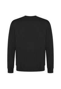 Zwarte pullover sweatshirt met lange mouwen, ronde hals en geribbelde manchetten en zoom. De stof lijkt soepel en lichtgewicht zonder patronen.