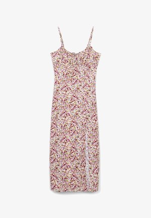 Robe midi fleurie dotée de fines bretelles ajustables, d'un corsage froncé, d'une accent en dentelle blanche et d'un motif floral multicolore éclatant sur un fond clair.