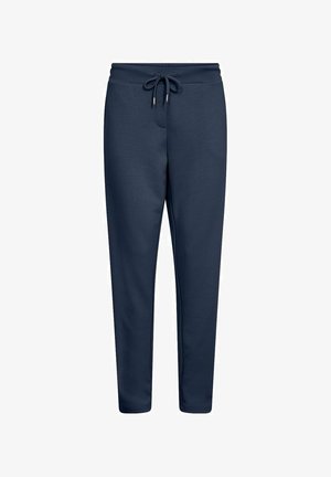 Joggers blu navy realizzati in un materiale morbido e elastico. Presentano una vita con cordino, tasche laterali e gambe affusolate con polsini a costine.