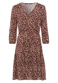 Robe imprimée léopard en tissu léger, avec un col en V, des manches trois-quarts et une taille à cordon de serrage, dotée d'une jupe évasée.