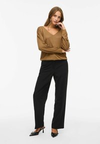 Bruine V-hals langemouwen top gecombineerd met zwarte broek met wijde pijpen. Schoeisel: zwarte puntige hakken met decoratieve hardware accenten.