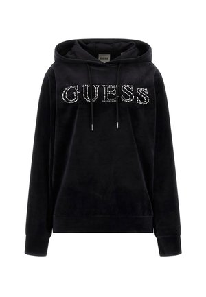 Črna velur kapuca s srebrnimi okovji, ki oblikujejo besedo "GUESS." Ima kapuco s vrvico in rebrastimi manšetami. Mehka tekstura, sproščen dizajn.