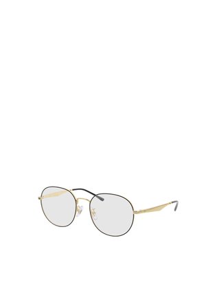 Dünne Gold Metallbrille mit runden klaren Gläsern, schwarzen Bügelenden und verstellbaren Nasenpads auf weißem Hintergrund.