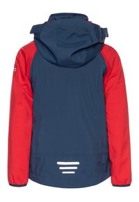 Hooded jacket with navy body and red sleeves, featuring smooth fabric, vent details at the hem, and logo accent on the left sleeve.