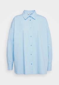 Camicia azzurra in cotone, con collo classico, maniche lunghe e vestibilità rilassata con una leggera texture.