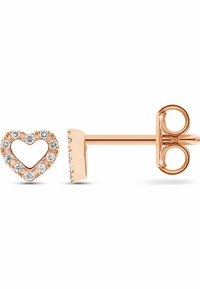 Örhänge i roséguld, hjärtformad, med en ihålig mitt och åtta små klara stenar runt kanten. Inkluderar en fjärilsbaksida.
