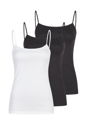 Drei ärmellose Damen-Camisoles mit dünnen Trägern, zwei schwarze und eine weiße, vorne vor weißem Hintergrund gezeigt.