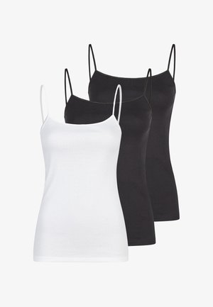 Drei ärmellose Damen-Camisoles mit dünnen Trägern, zwei schwarze und eine weiße, vorne vor weißem Hintergrund gezeigt.