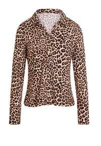Chemise à manches longues en imprimé léopard avec col, dotée de boutons sur le devant et d'une coupe ample, présentée sur un fond blanc.