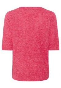 Pull rose à manches courtes avec une finition texturée, encolure ronde et ourlet côtelé. Le tissu a un aspect doux et duveteux.