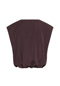 Dyb burgundy beklædning med et løst, draperet design; har en rund halsudskæring og samlet bund for en afslappet pasform. Glat tekstur.