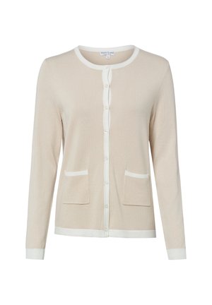 Beige cardigan met lange mouwen en witte afwerking, knoopsluiting aan de voorkant, ronde halslijn en twee voorzakken.