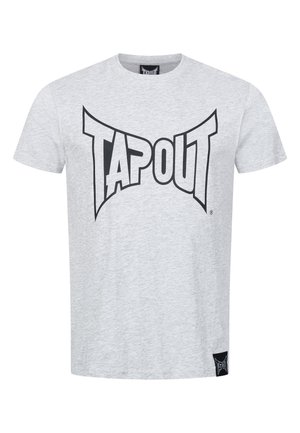 Hellgraues T-Shirt mit Rundhalsausschnitt, vorne mittig mit großem schwarzem "TAPOUT"-Logo und einem kleinen passenden Logoetikett nahe dem Saum.