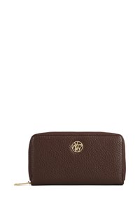 Portafoglio in pelle marrone con finitura testurizzata, caratterizzato da un accento con logo dorato e una chiusura con zip. Forma rettangolare compatta.