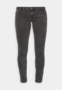 Jeans neri slim-fit con bottone anteriore e zip, dotati di cinque tasche e dettagli di sfumatura leggera sul tessuto.