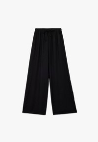 Zwarte, wijde broek met een drawstring taille. Gemaakt van een zacht, lichtgewicht materiaal. Eenvoudig ontwerp zonder zichtbare patronen of accenten.