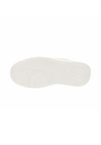 Suela de zapatilla blanca con patrón de goma texturizado y acento circular. Cuenta con un diseño de zigzag en la superficie para mejorar el agarre. Diseño simple y plano sin marcas.