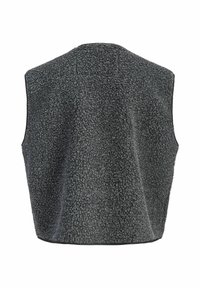 Šedý bezrukávový sveter s textúrovaným, chlpato vyzerajúcim povrchom, s okrúhlym výstrihom a rovnou spodnou časťou. Bez viditeľných zapínaní.