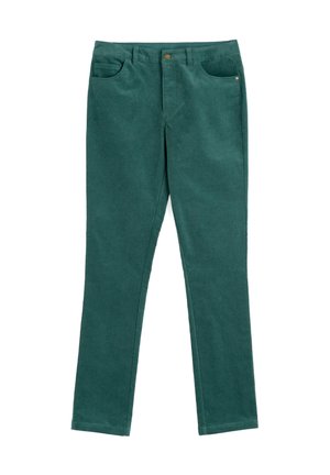 Pantaloni in velluto a coste verde, progettati con una vestibilità dritta, dotati di tasche frontali, chiusura con un solo bottone e una leggera texture su tutta la superficie del tessuto.