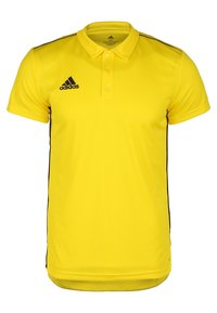 Žluté polo tričko vyrobené z prodyšné látky, s límečkem, zapínáním na tři knoflíky a černými bočními pruhy. Logo Adidas na hrudi.