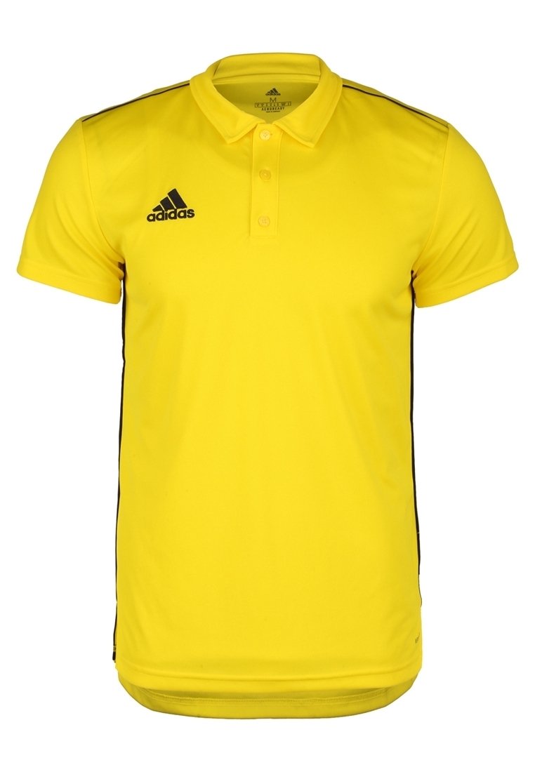 Žluté polo tričko vyrobené z prodyšné látky, s límečkem, zapínáním na tři knoflíky a černými bočními pruhy. Logo Adidas na hrudi.