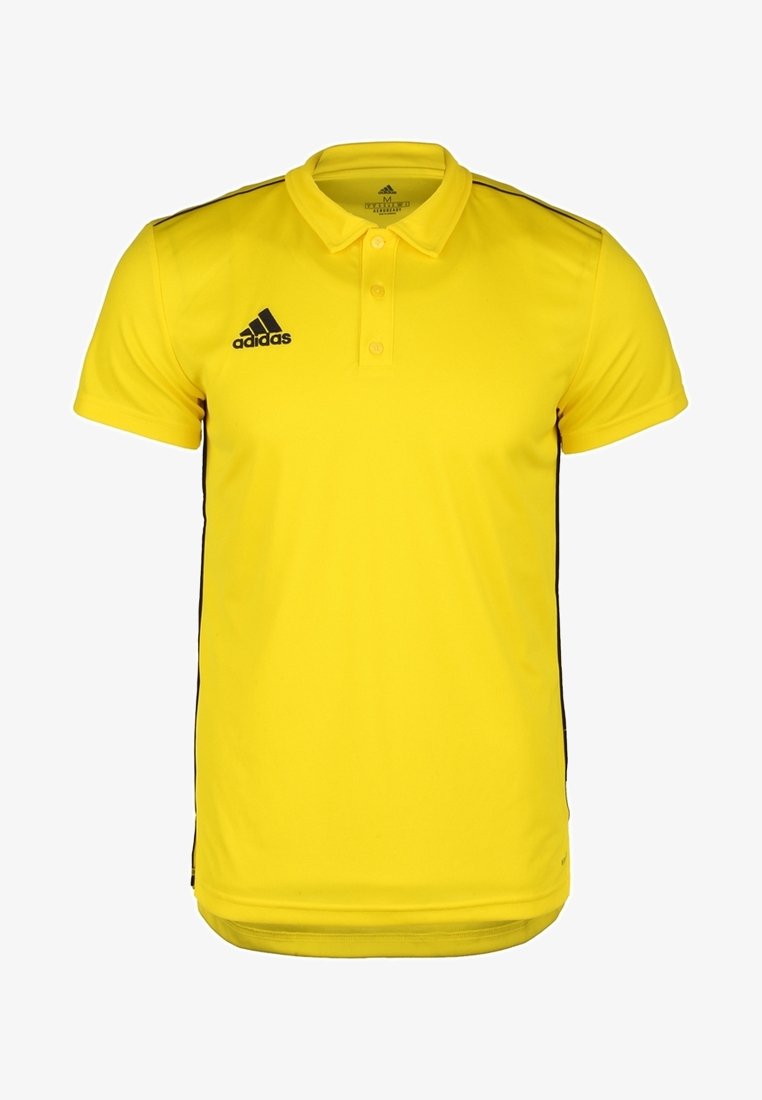 Žluté polo tričko vyrobené z prodyšné látky, s límečkem, zapínáním na tři knoflíky a černými bočními pruhy. Logo Adidas na hrudi.