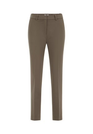 Pantalons taille haute effilés en vert olive atténué. Fabriqués en tissu lisse avec un design classique et de subtils plis avant.