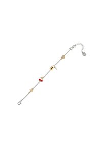 Zilveren kettingarmband met gouden hangers: een hart, ster, sleutel, slot en rode kersen, met een karabijnhaak en een verstelbare ketting.