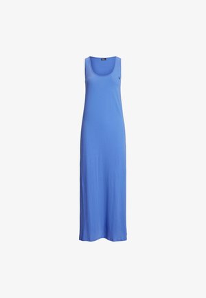 Niebieska, bawełniana długa sukienka bez rękawów z dekoltem typu scoop, z małym czarnym logo na lewej piersi, o prostym kroju, bez wzorów i ozdób.