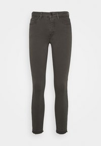 Jeans skinnies verde oscuro en mezcla de algodón, con cintura alta, diseño de cinco bolsillos, y bajos deshilachados.