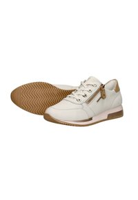Baskets en cuir blanc avec bout rond, col rembourré, devant à lacets, détail de fermeture éclair métallique, semelle canadienne et semelle en caoutchouc texturé.