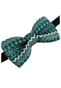 Türkiz kék csokornyakkendő fehér cikkcakk és geometriai mintával. Szövetből készült, fekete állítható pánttal, amely közvetlenül csatlakozik.