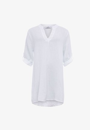 Weißes, leichtes Blusenshirt mit V-Ausschnitt, hochgekrempelten Ärmeln und lockerer Passform. Strukturierter Stoff mit dezenten horizontalen Linien.