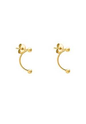 Gold-tone metal earrings featuring a curved design with two spherical accents at each end. Smooth texture with a polished finish.