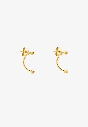 Gold-tone metal earrings featuring a curved design with two spherical accents at each end. Smooth texture with a polished finish.