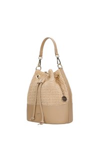 Béžová tkaná kabela ve tvaru kyblíku se hladkým koženým dnem, nastavitelným stahovacím uzávěrem a krátkým držadlem. Obsahuje zlaté kovové detaily.