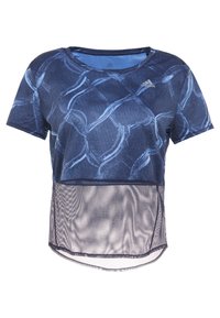 Niebieska sportowa koszulka Adidas z krótkim rękawem, z abstrakcyjnym jasnoniebieskim wzorem i przezroczystą siateczkową wstawką na dolnej przedniej części.