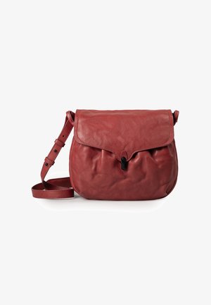 Red leather shoulder bag with a fold-over flap, adjustable strap, and a black snap closure. Smooth texture with slight sheen.