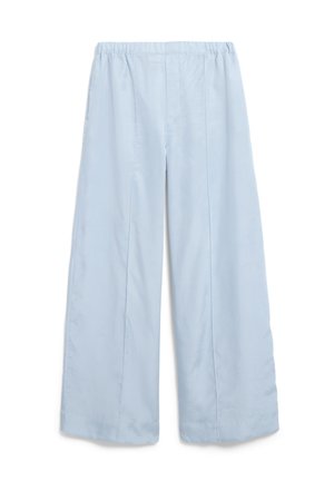 Light blue, wide-leg pants made of smooth fabric with an elastic waistband and two front pleats, featuring a straight cut.