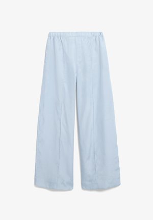 Hellblaue, weite Hosen aus glattem Stoff mit einem elastischen Bund und zwei vorderen Falten, die einen geraden Schnitt aufweisen.