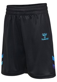 Svarta sportshorts med elastisk midja, som har en blå logotyp och blå accentremsor på sidorna. Slätt och lättviktigt material.