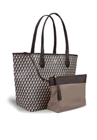 Borsa tote con un motivo geometrico in blu scuro, crema e marrone. Presenta manici in pelle marrone e una pochette con zip beige removibile.