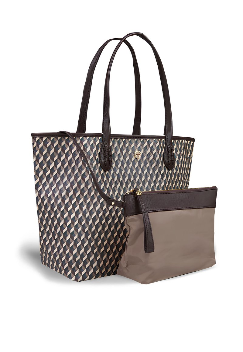 Borsa tote con un motivo geometrico in blu scuro, crema e marrone. Presenta manici in pelle marrone e una pochette con zip beige removibile.