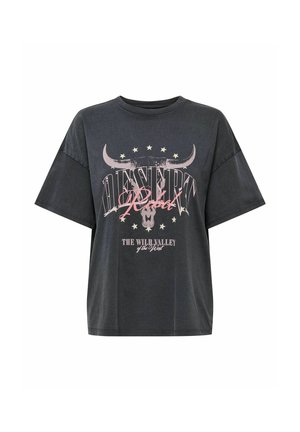 Mørkegrå oversized T-skjorte med teksten "DESERT Rebel", okseskallegrafikk, stjerner og slagordet "THE WILD VALLEY of the West" foran.