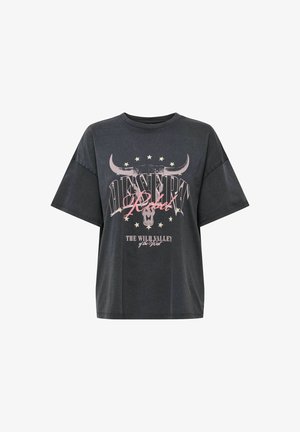 Mørkegrå oversized T-skjorte med teksten "DESERT Rebel", okseskallegrafikk, stjerner og slagordet "THE WILD VALLEY of the West" foran.