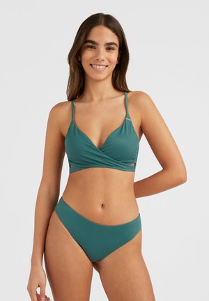 Teal bikini set featuring a wrap-style bralette top with adjustable straps and cut-out details, and high-waisted bottom with smooth texture.