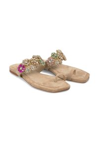 Beige flat sandals with a square toe, featuring a jeweled floral design in pink, green, and clear stones across the straps. Soft suede material.
